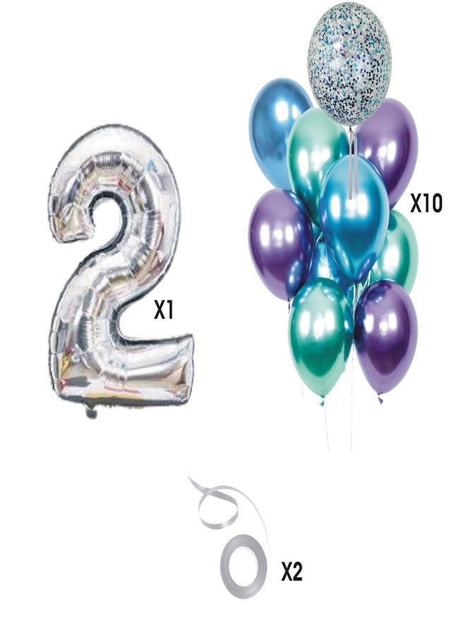 Lazybeee 13pcs Silver Number 2 foil with Purple blue green Balloons Set Large Number 2 (32-Inch) with blue confetti for Birthday Decorations for Girl Boy 2nd Birthday Theme Foil Balloons - Image 2